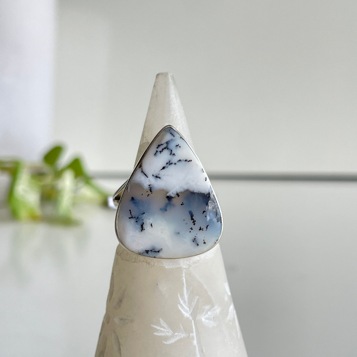 Dendritic Opal Teardrop Ring Sz8