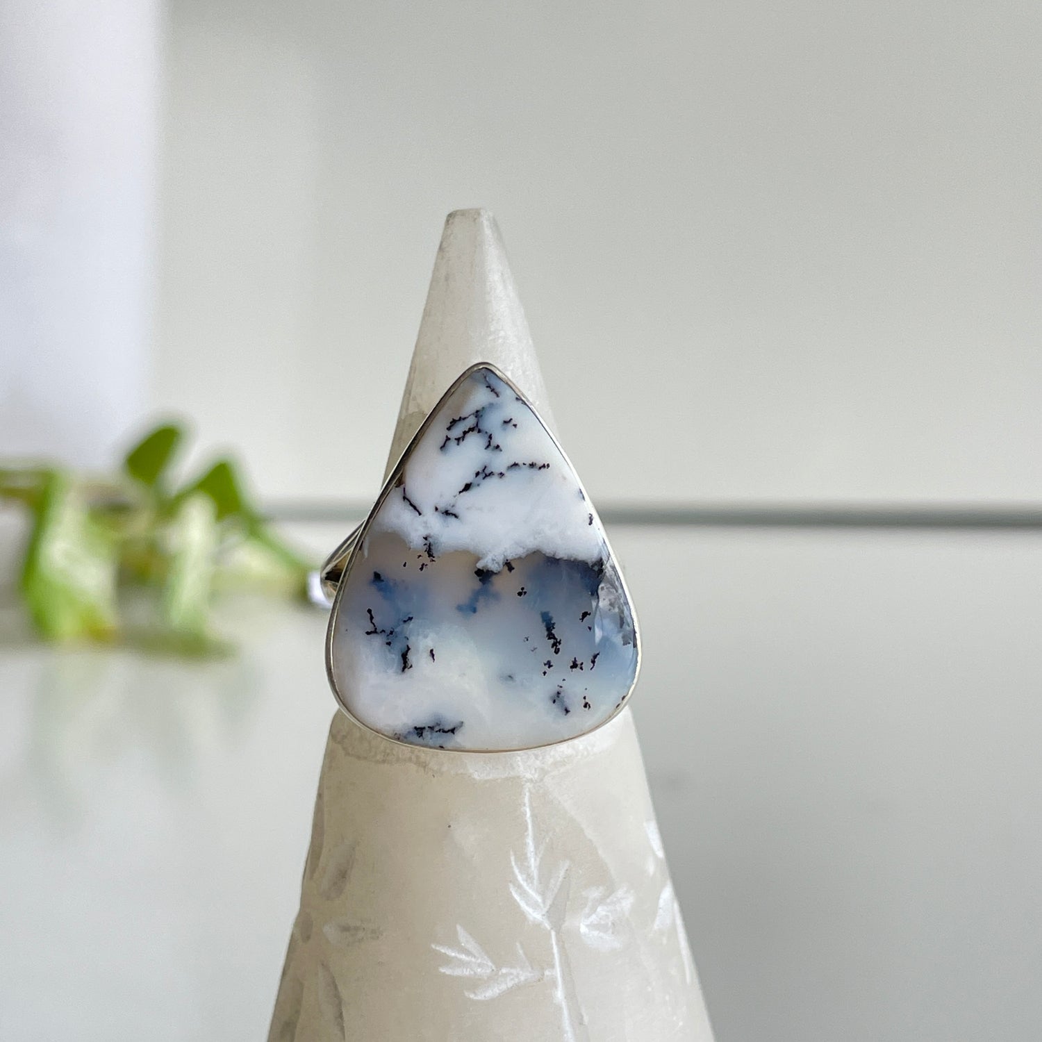 Dendritic Opal Teardrop Ring Sz8