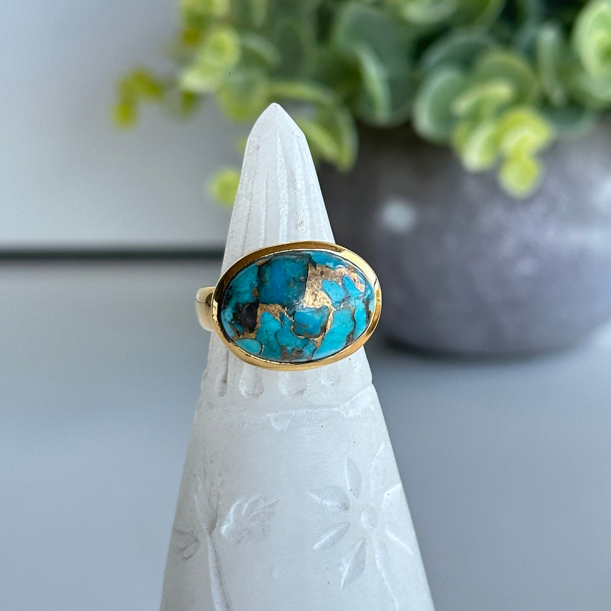 Gold Plated Copper Turquoise Oval Ring Sz7