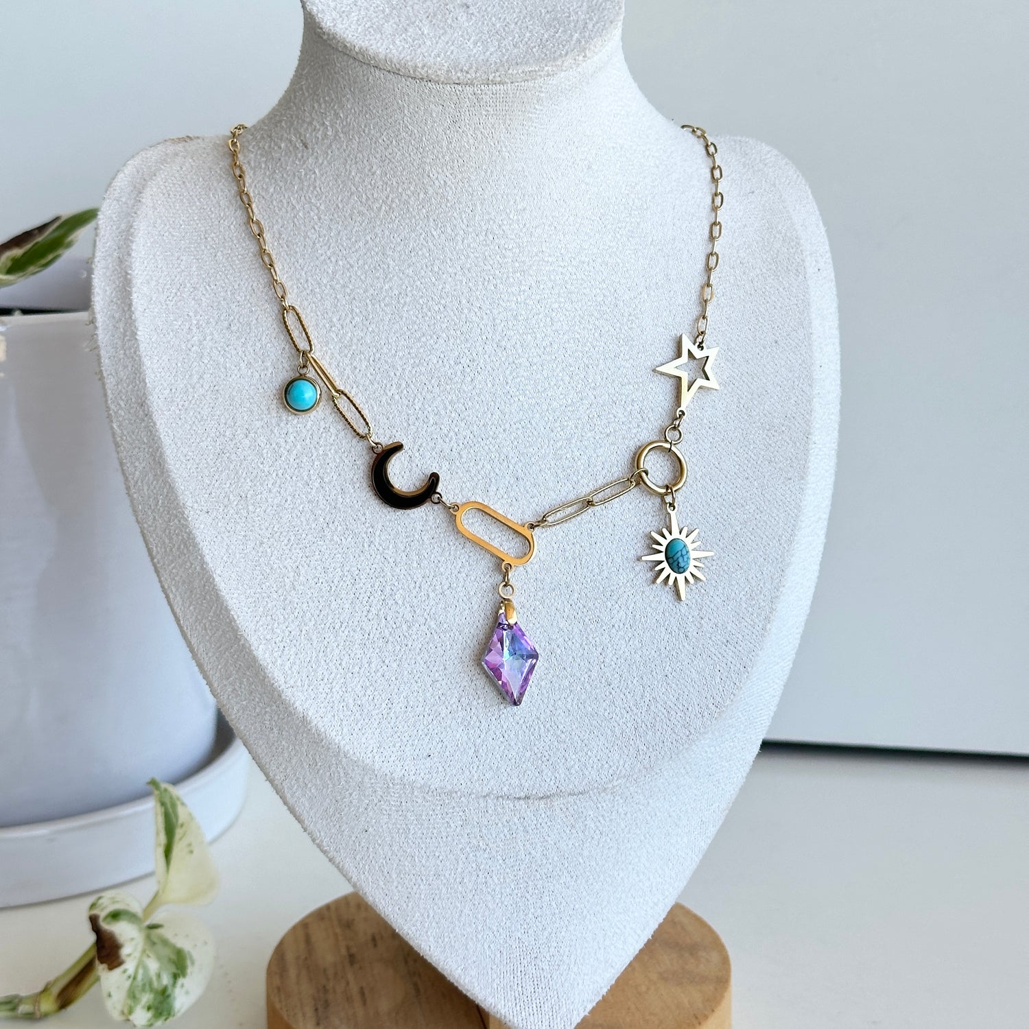 Gold Moon Sun Star Necklace Purple
