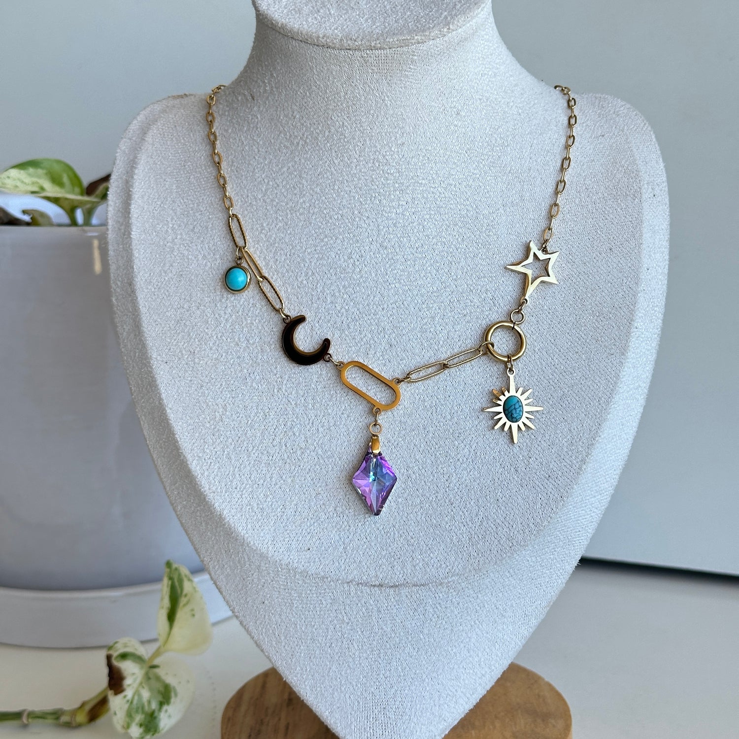 Gold Moon Sun Star Necklace Purple