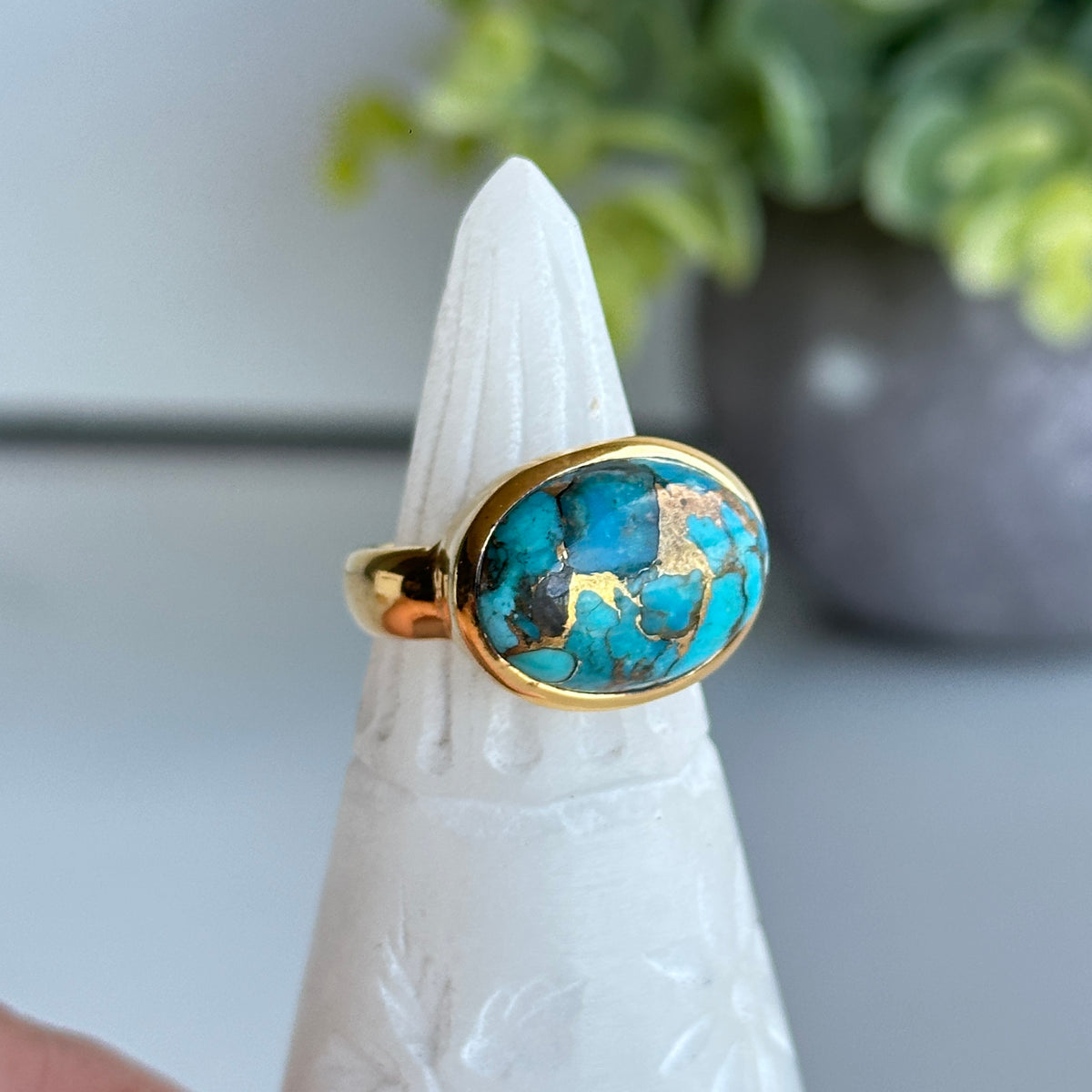 Gold Plated Copper Turquoise Oval Ring Sz7