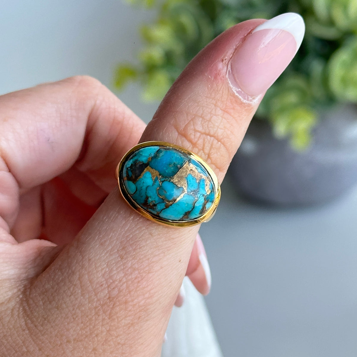 Gold Plated Copper Turquoise Oval Ring Sz7