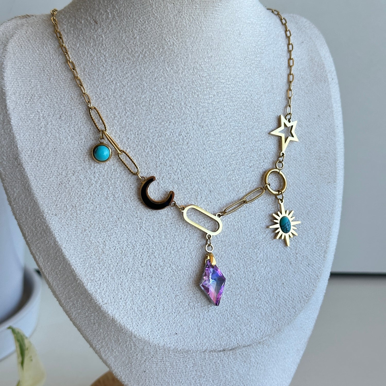 Gold Moon Sun Star Necklace Purple
