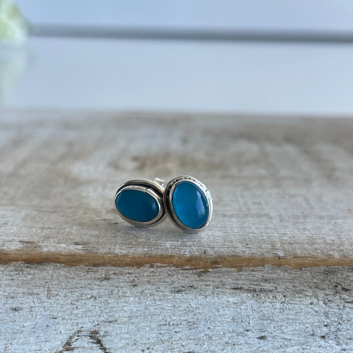 Blue Chalcedony Oval Studs