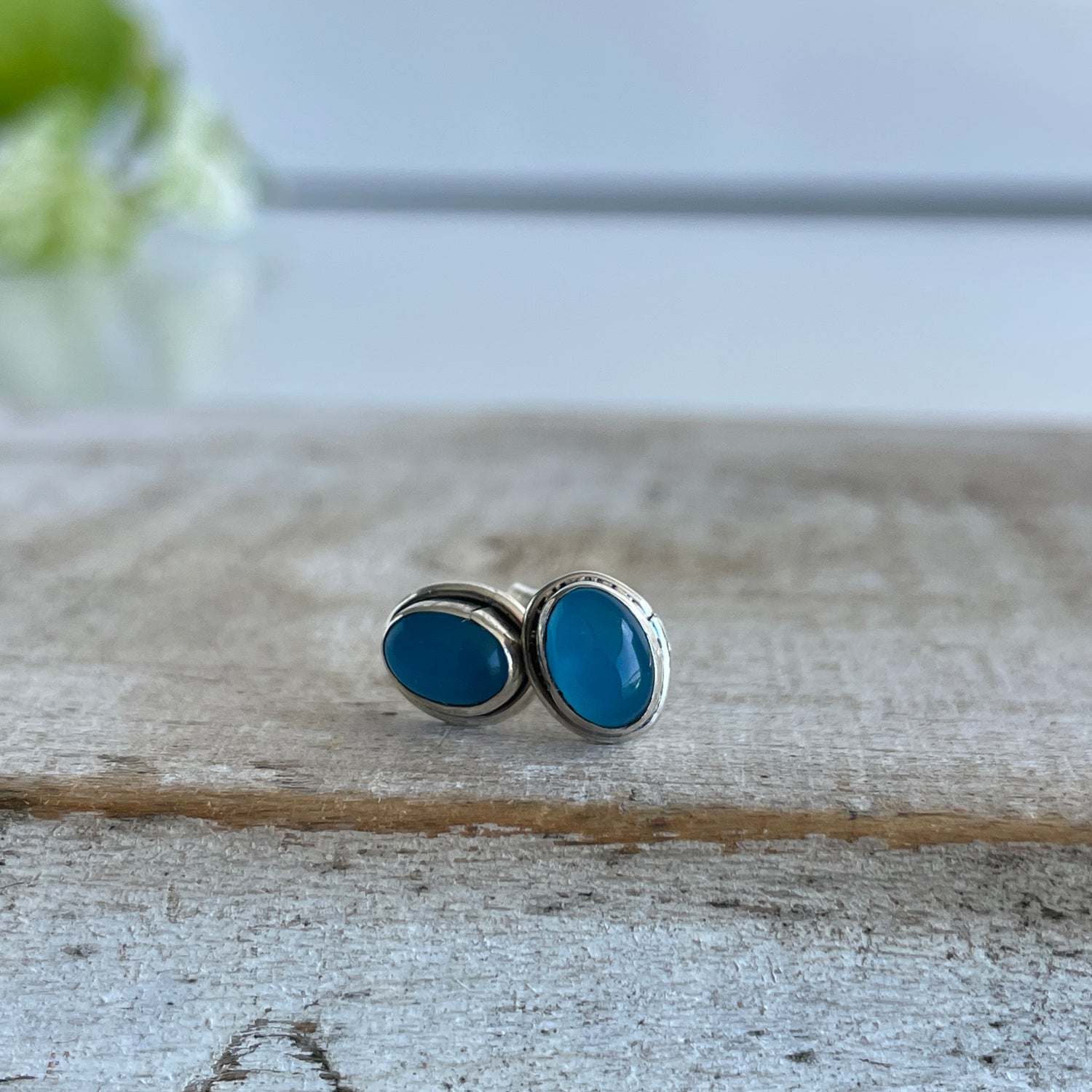 Blue Chalcedony Oval Studs