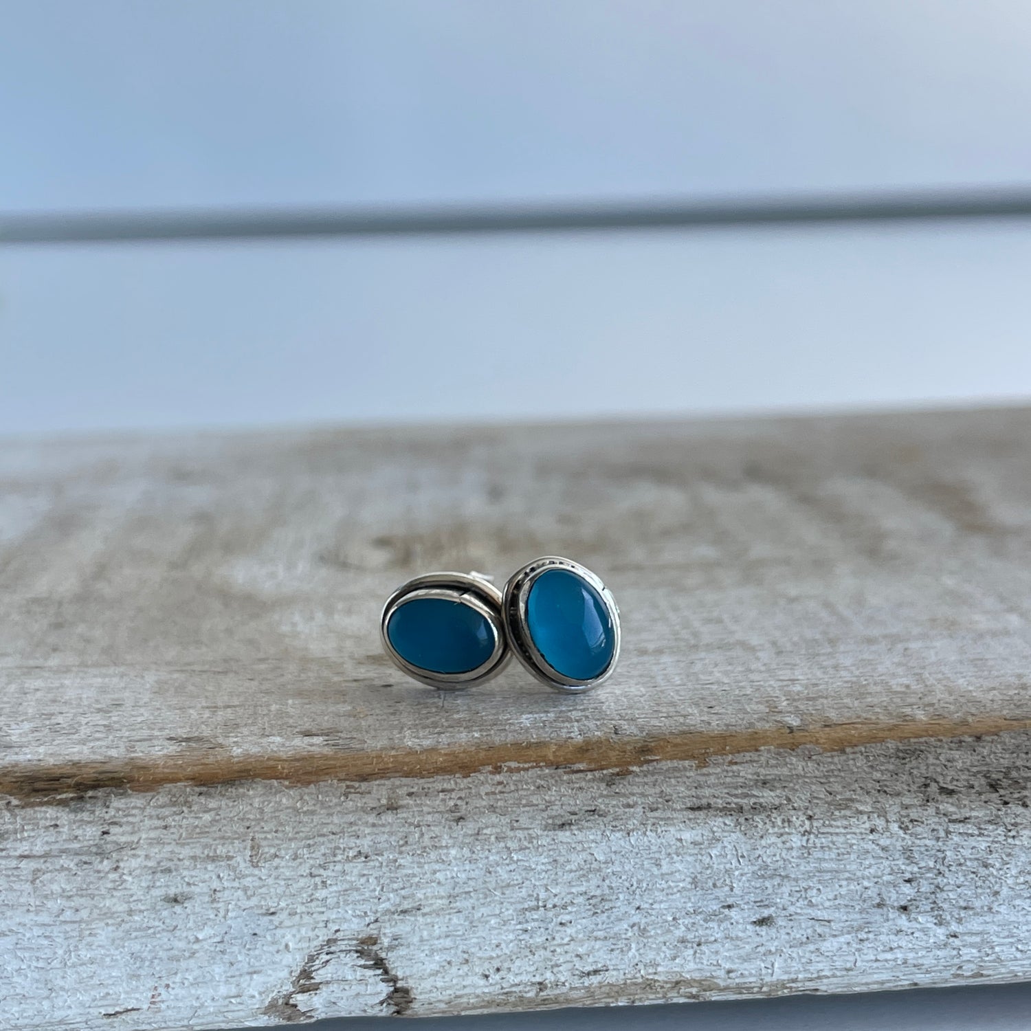 Blue Chalcedony Oval Studs