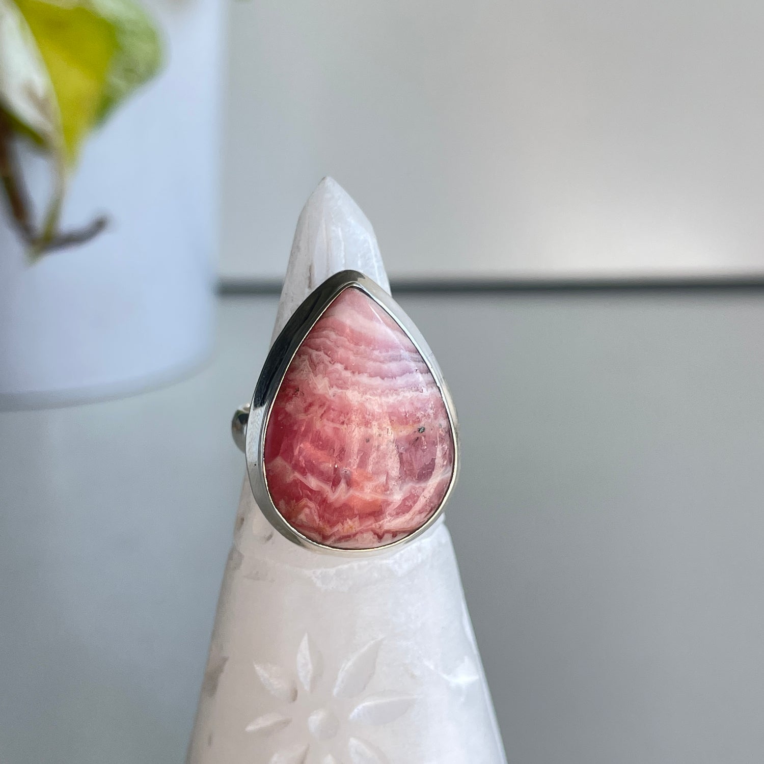 Rhodochrosite Teardrop Ring Sz6.5