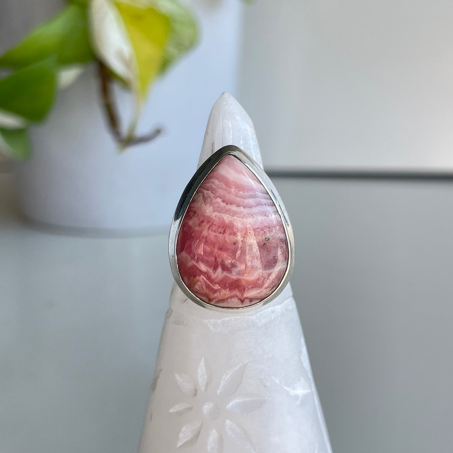 Rhodochrosite Teardrop Ring Sz6.5