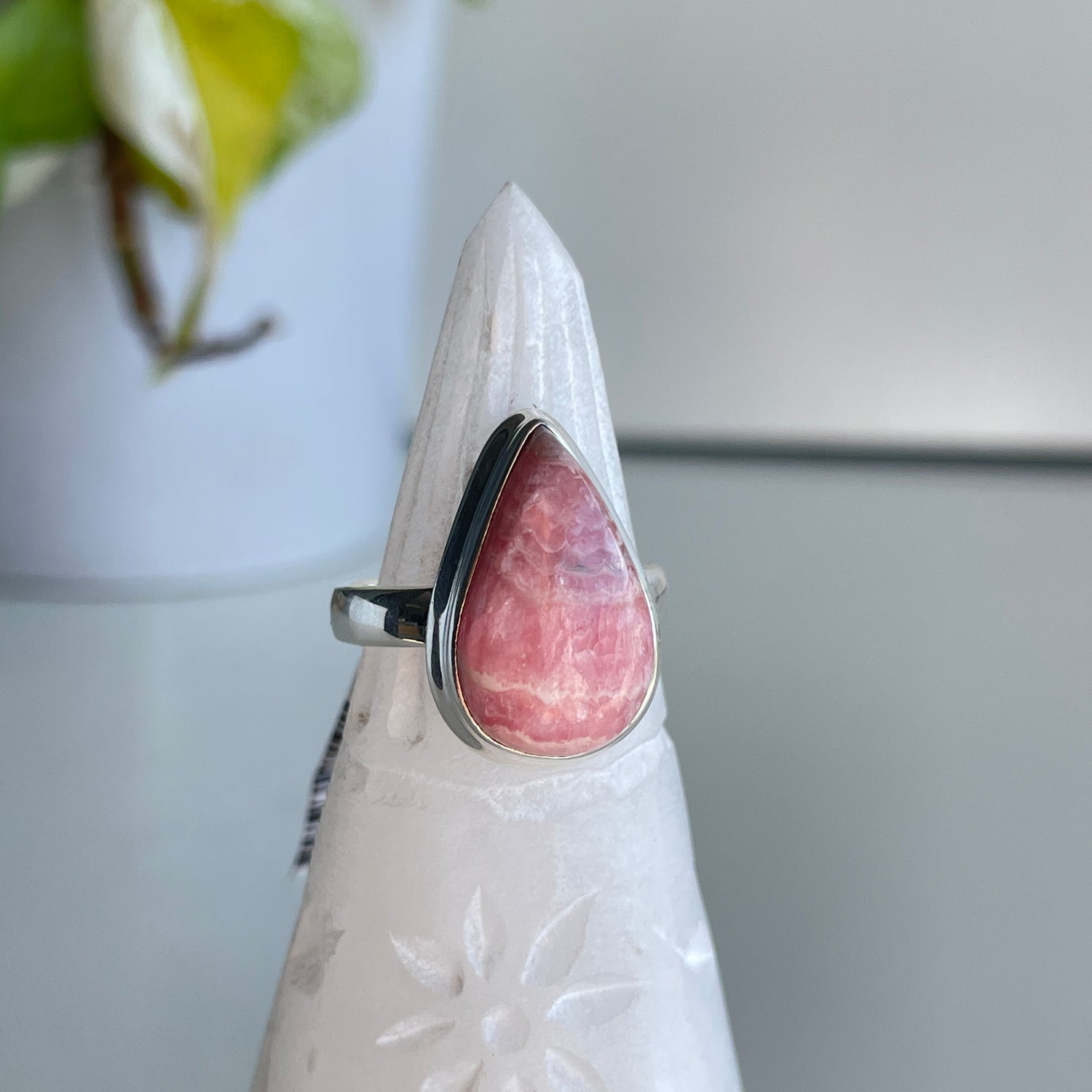 Rhodochrosite Teardrop Ring Sz8