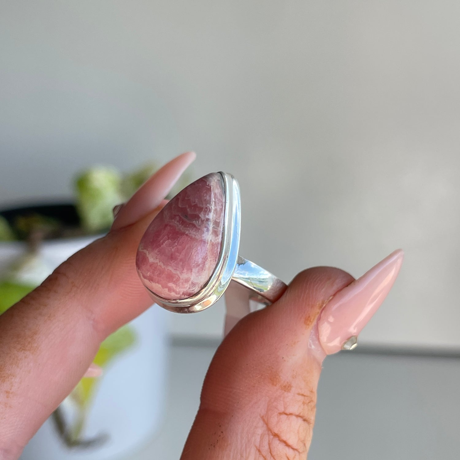 Rhodochrosite Teardrop Ring Sz8