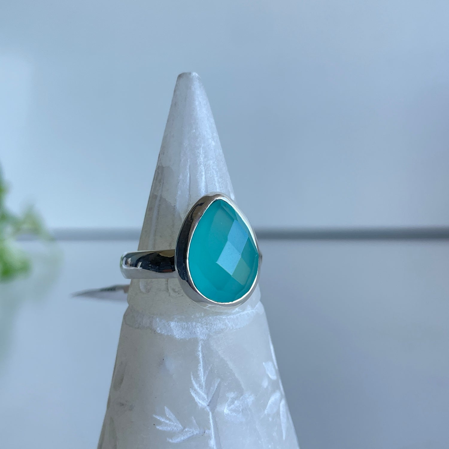 Aqua Chalcedony Teardrop Ring Sz9