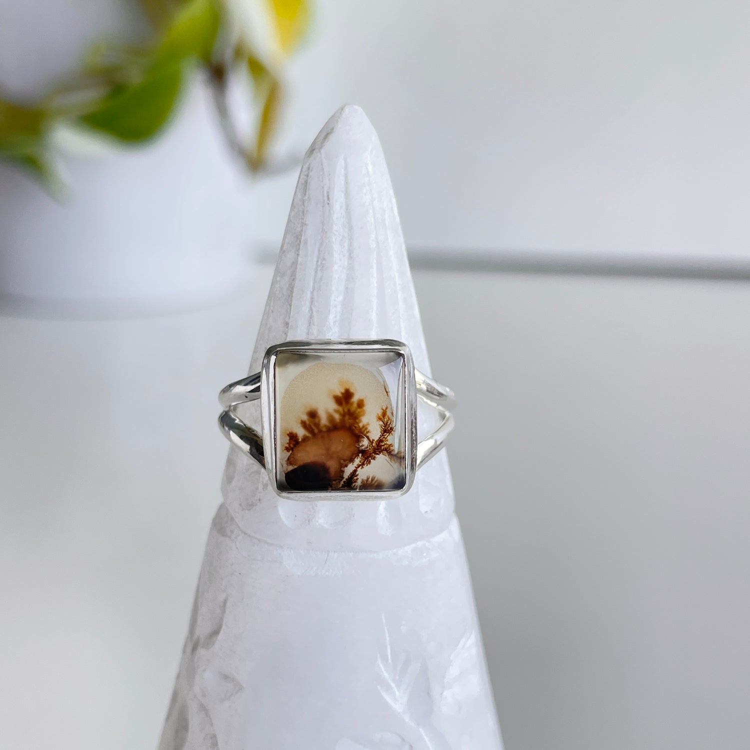 Dendritic Agate Square Ring Sz8