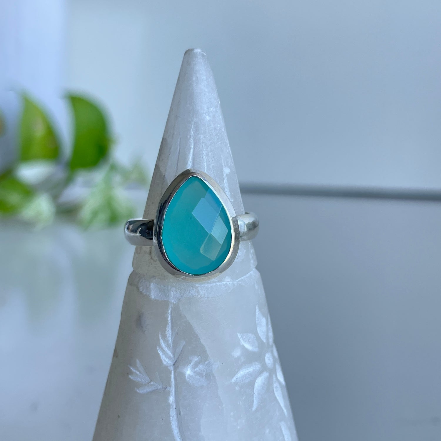 Aqua Chalcedony Teardrop Ring Sz9