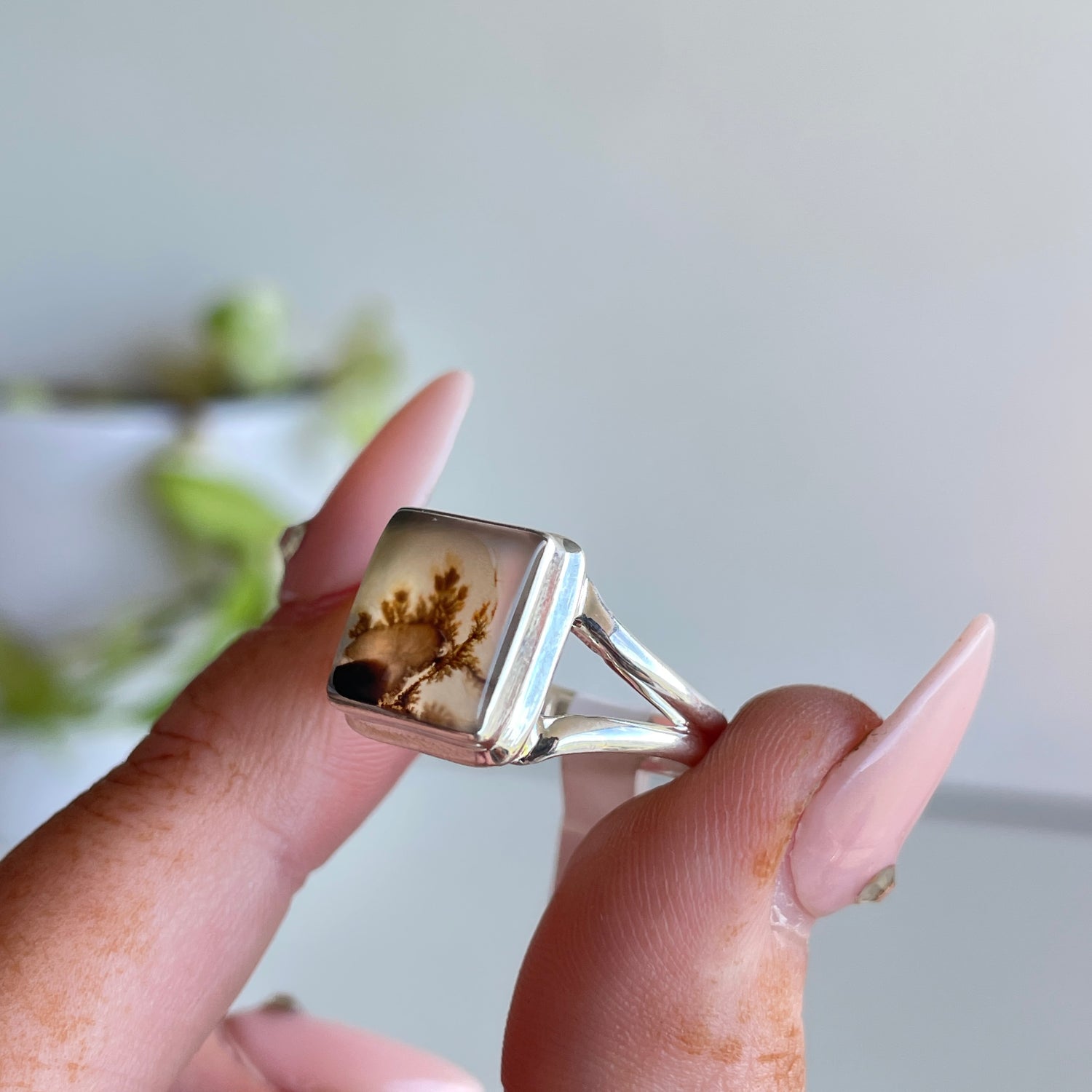 Dendritic Agate Square Ring Sz8