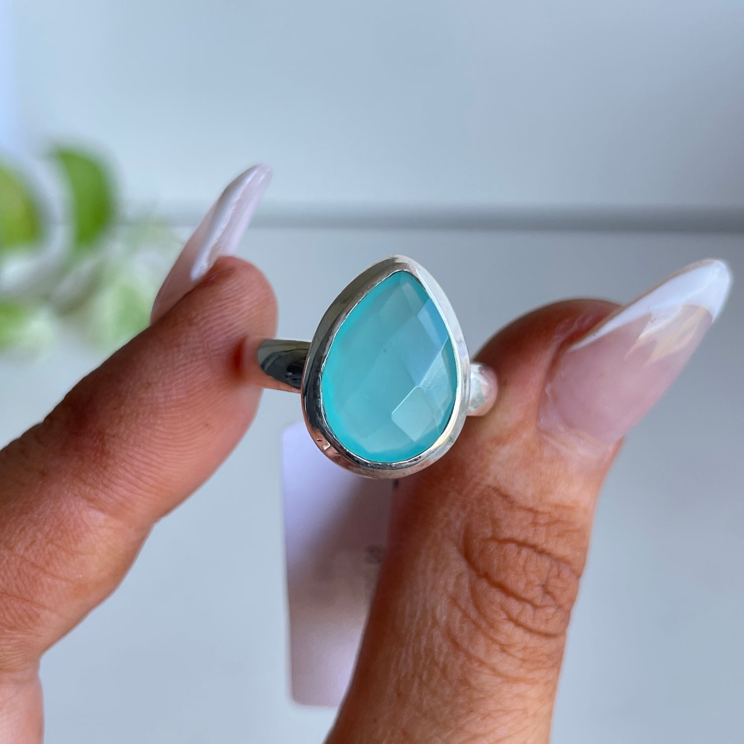 Aqua Chalcedony Teardrop Ring Sz9