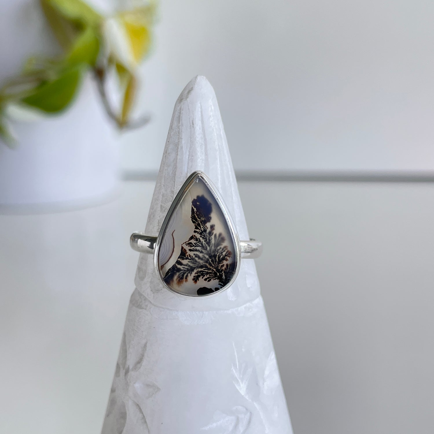 Dendritic Agate Teardrop Ring Sz8.5