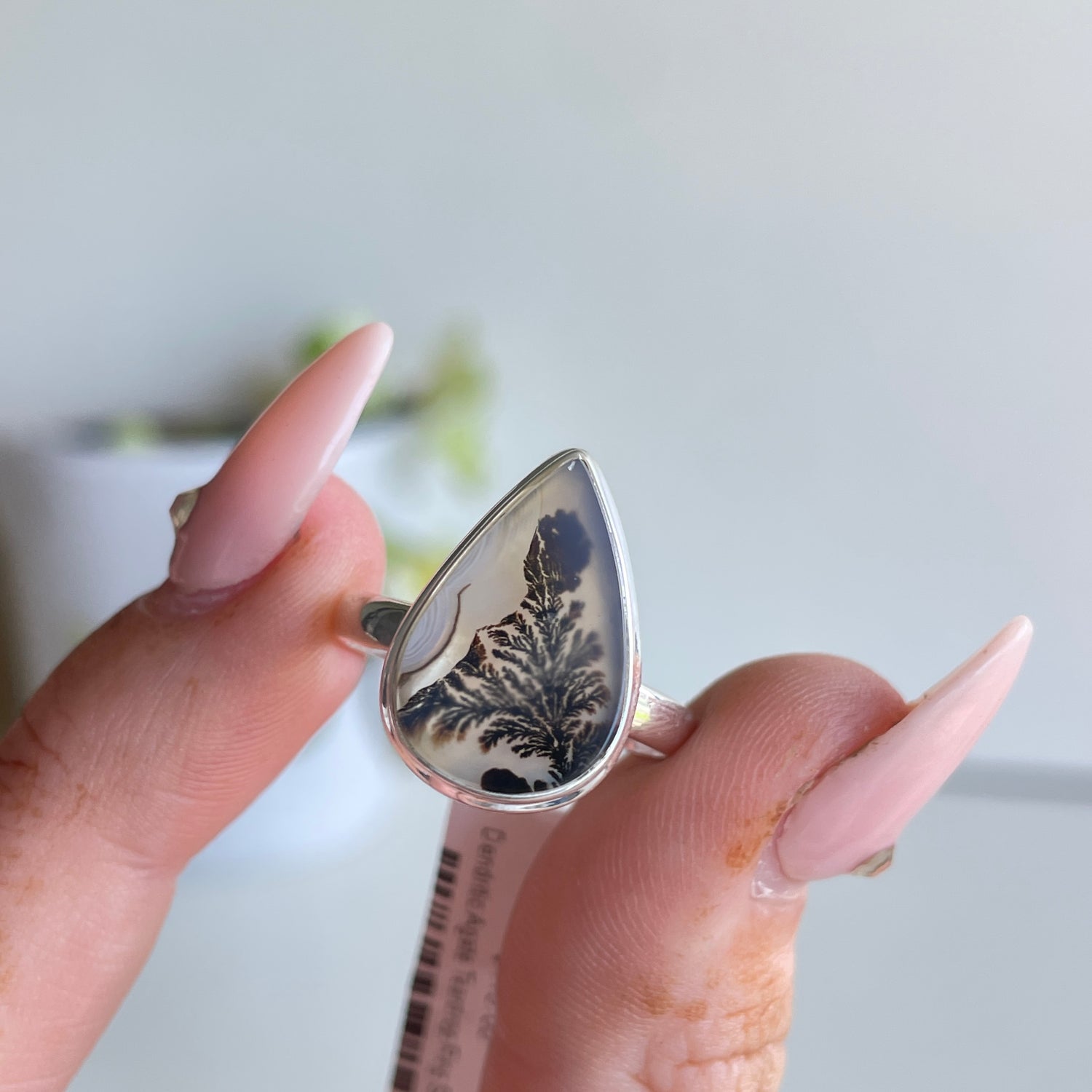 Dendritic Agate Teardrop Ring Sz8.5