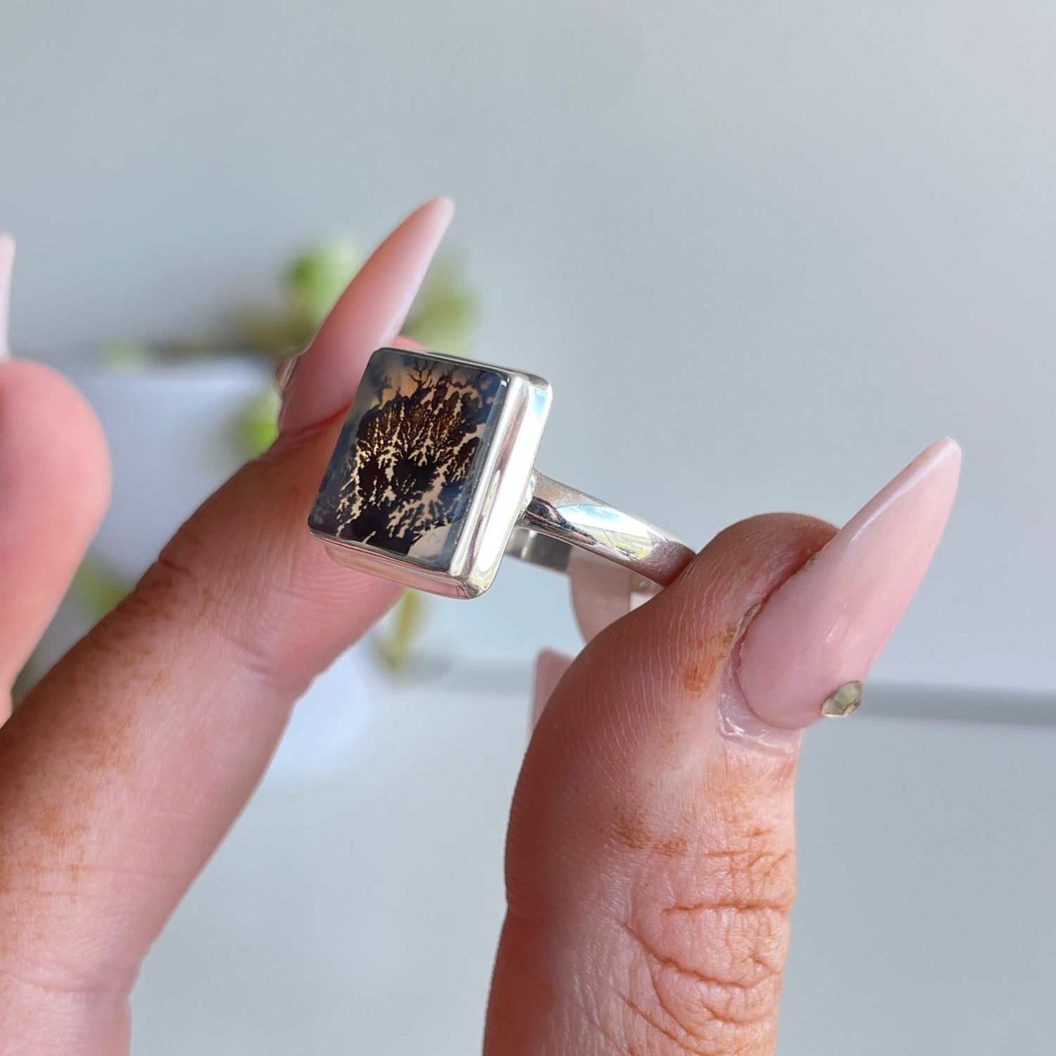 Dendritic Agate Rectangle Ring Sz9