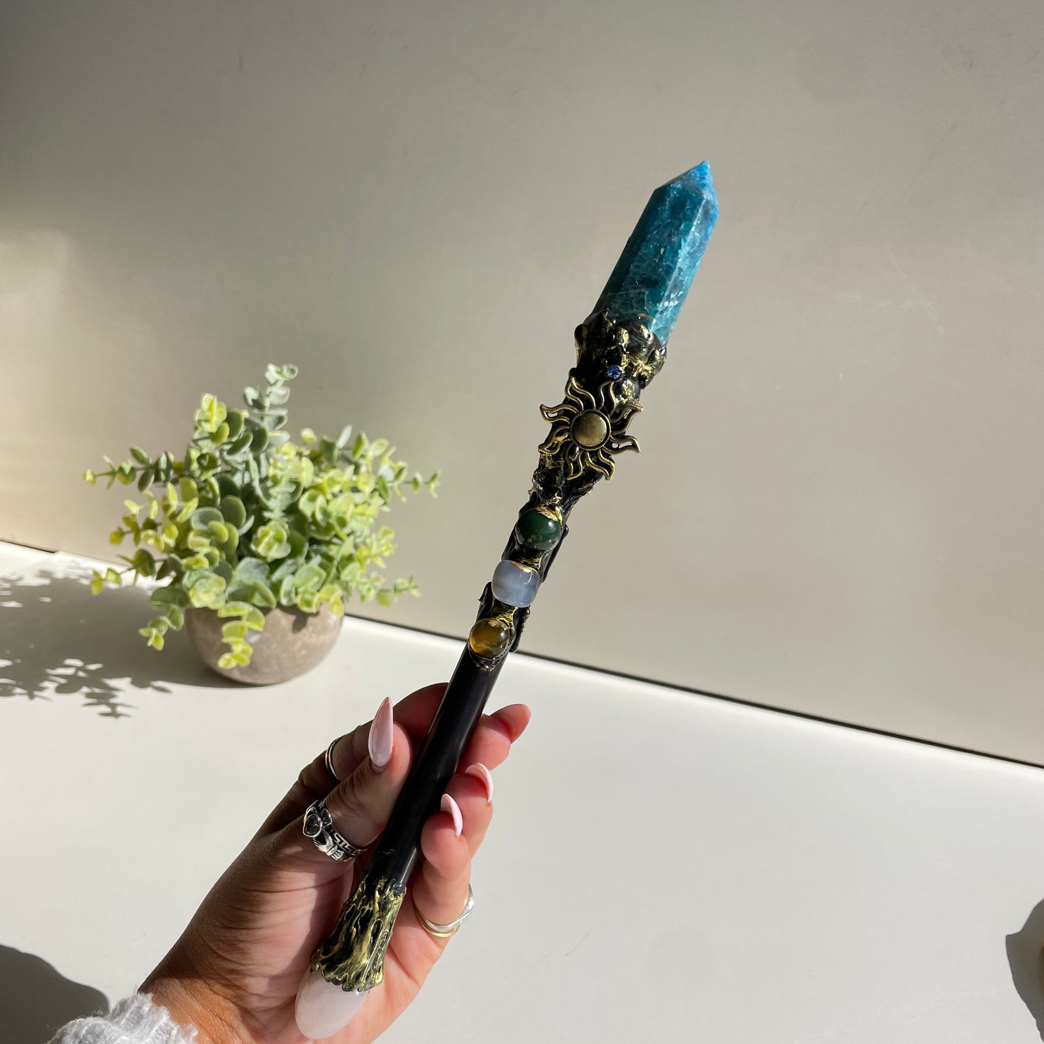 Blue Apatite Sun Wand With Rose Quartz