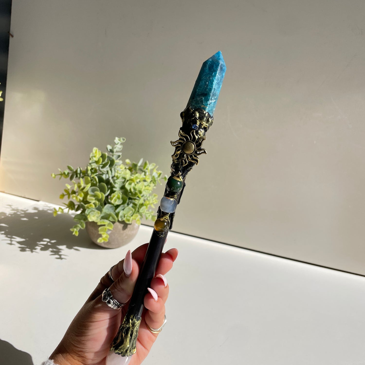 Blue Apatite Sun Wand With Rose Quartz