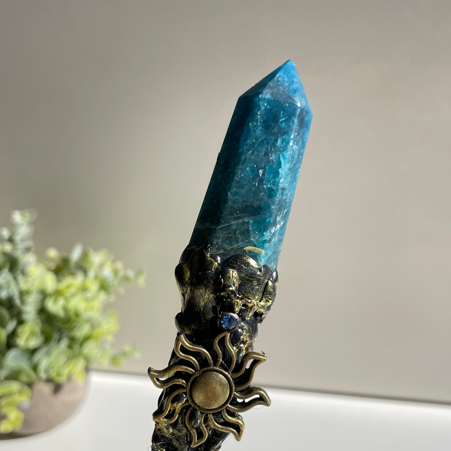 Blue Apatite Sun Wand With Rose Quartz