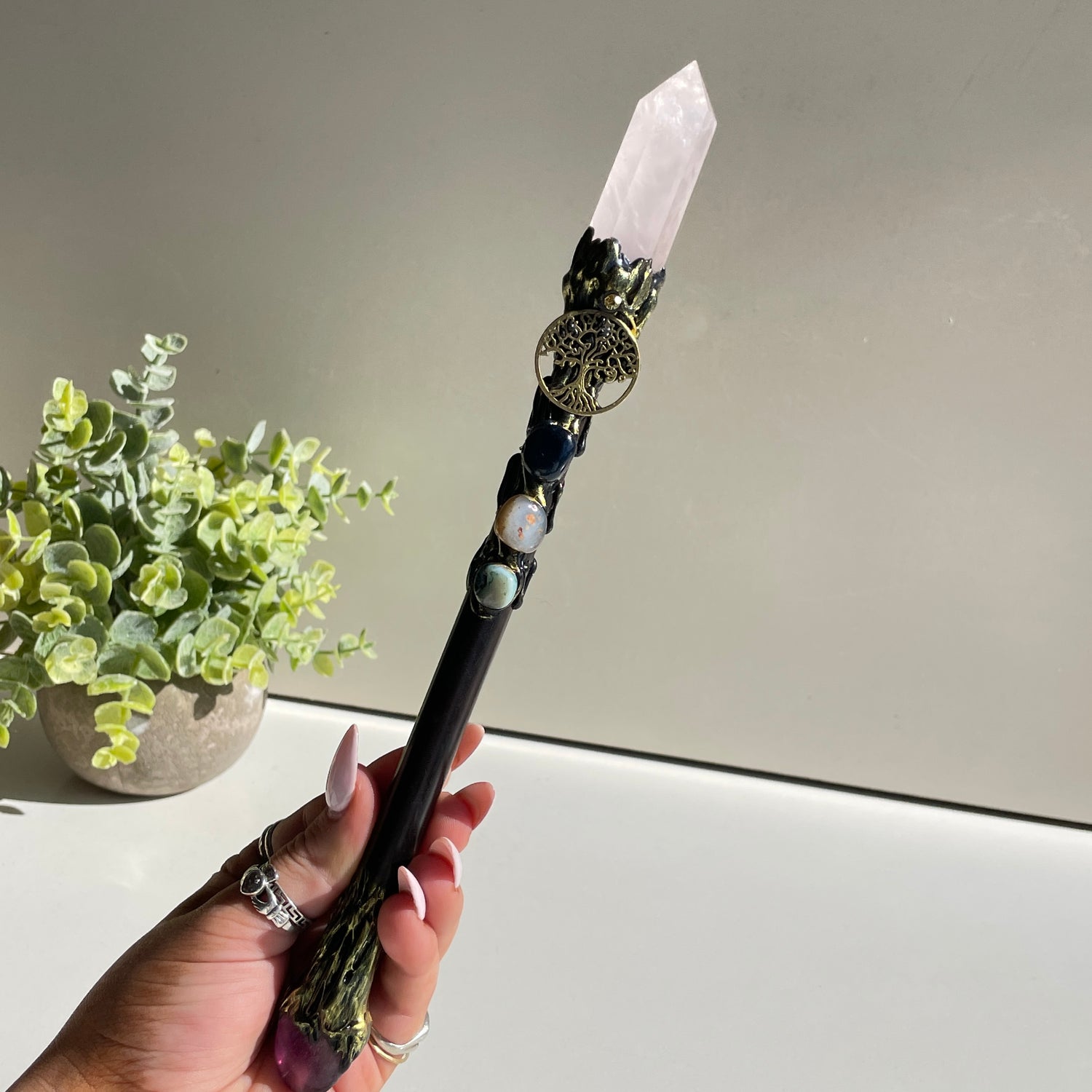 Rose Quartz Tree Wand With Amethyst
