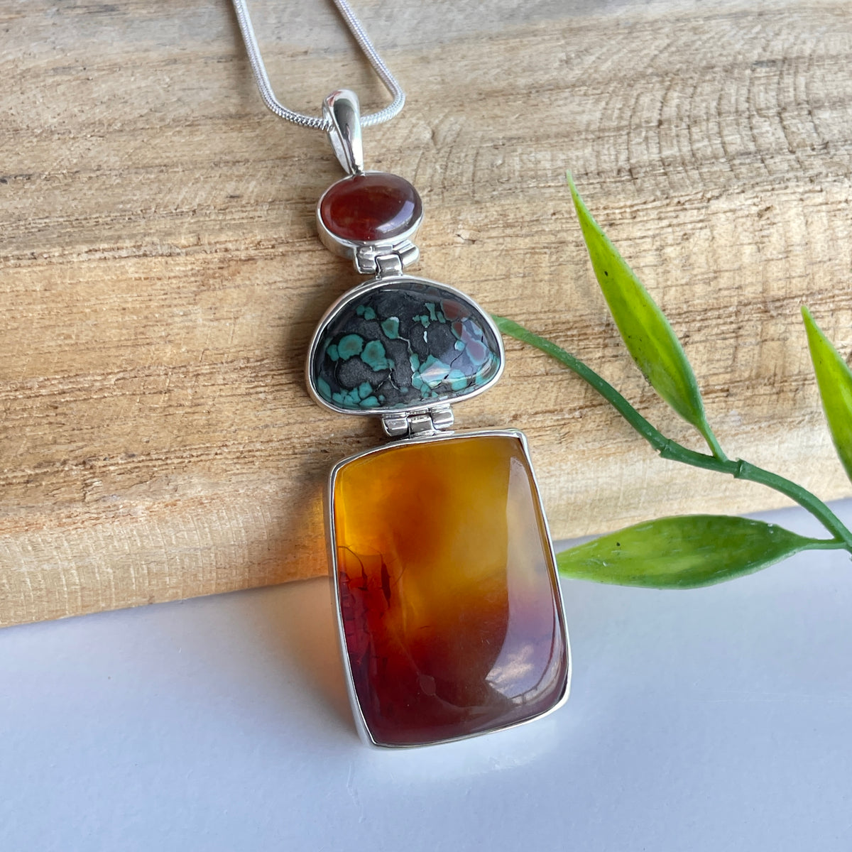 Hessonite Garnet, Turquoise and Amber Pendant
