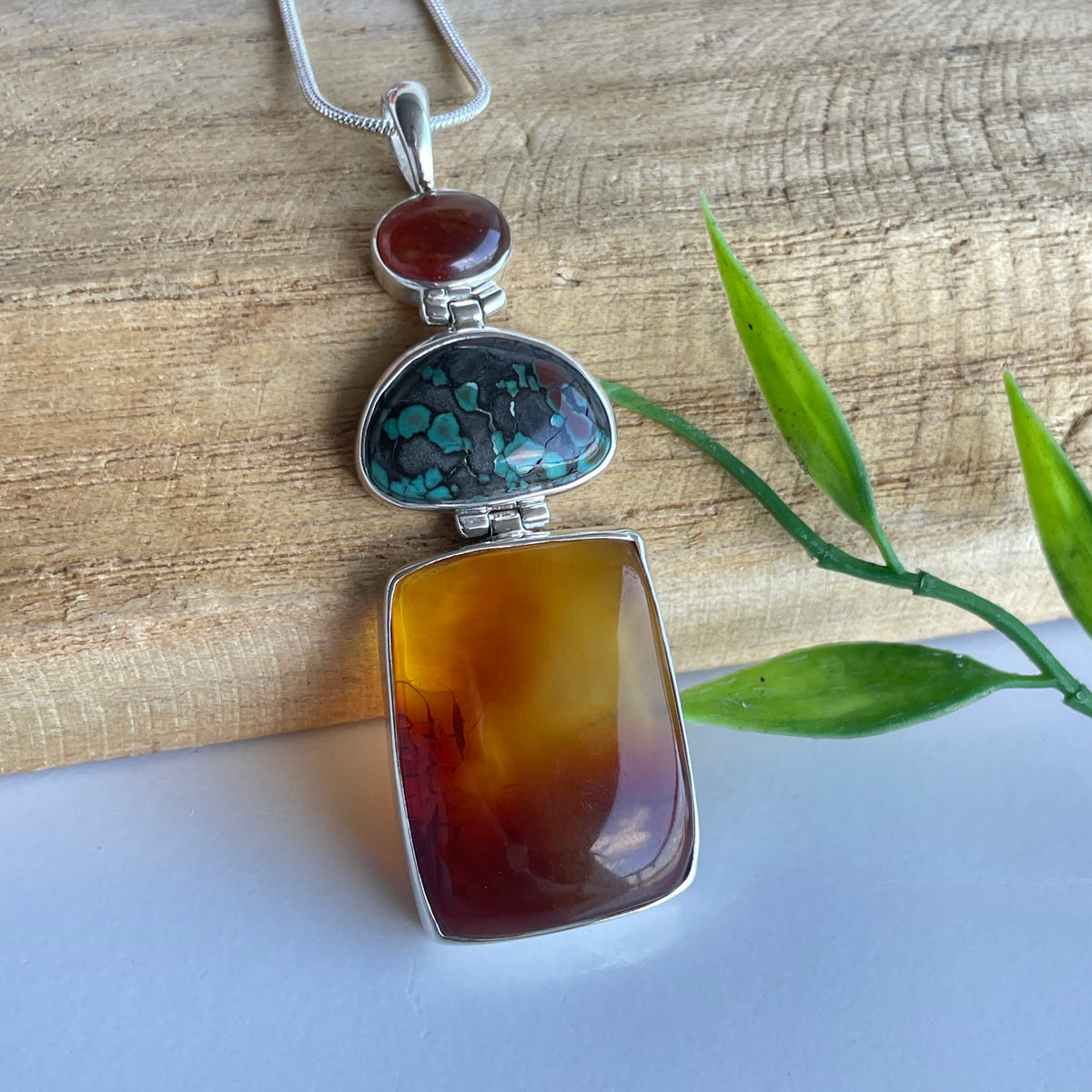 Hessonite Garnet, Turquoise and Amber Pendant