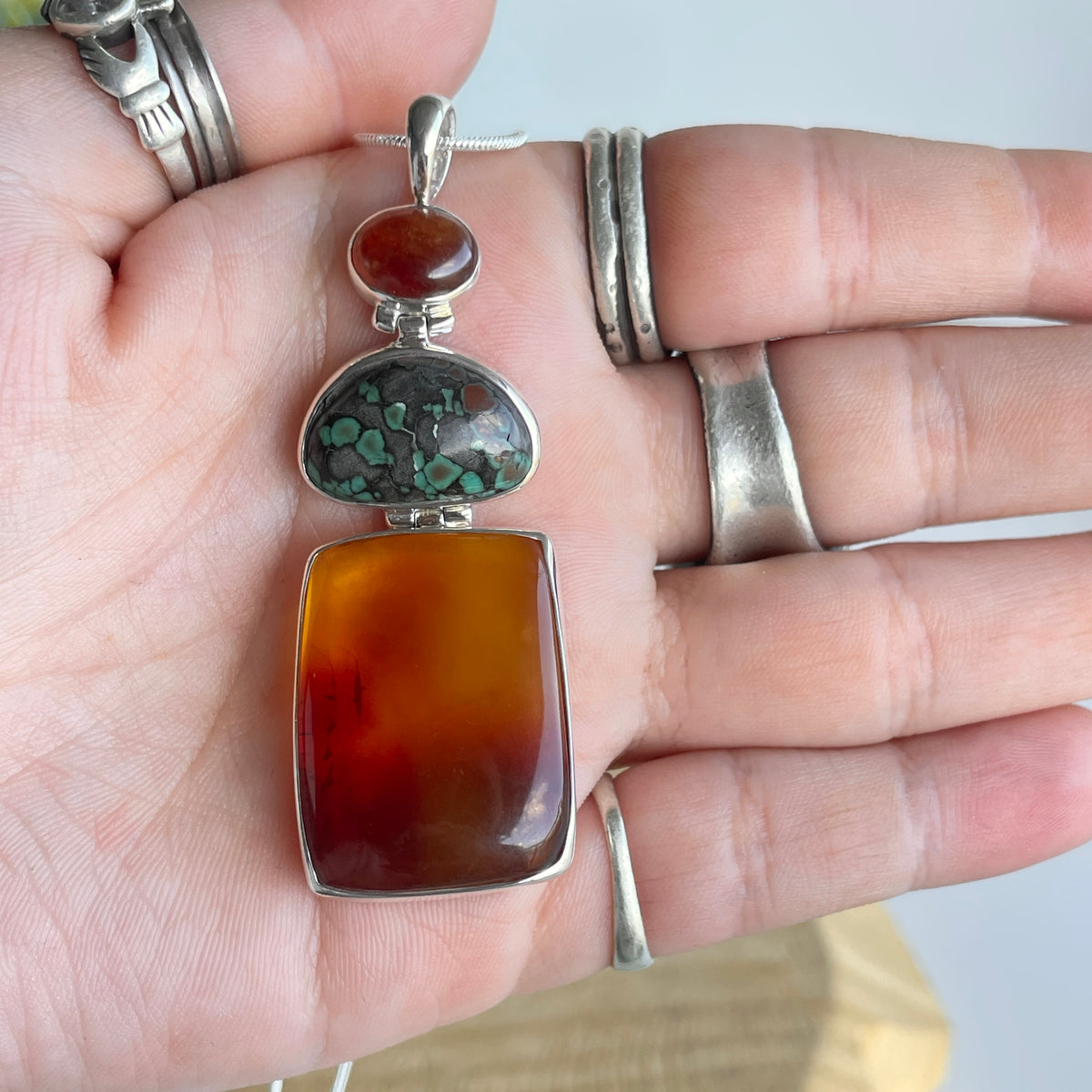 Hessonite Garnet, Turquoise and Amber Pendant