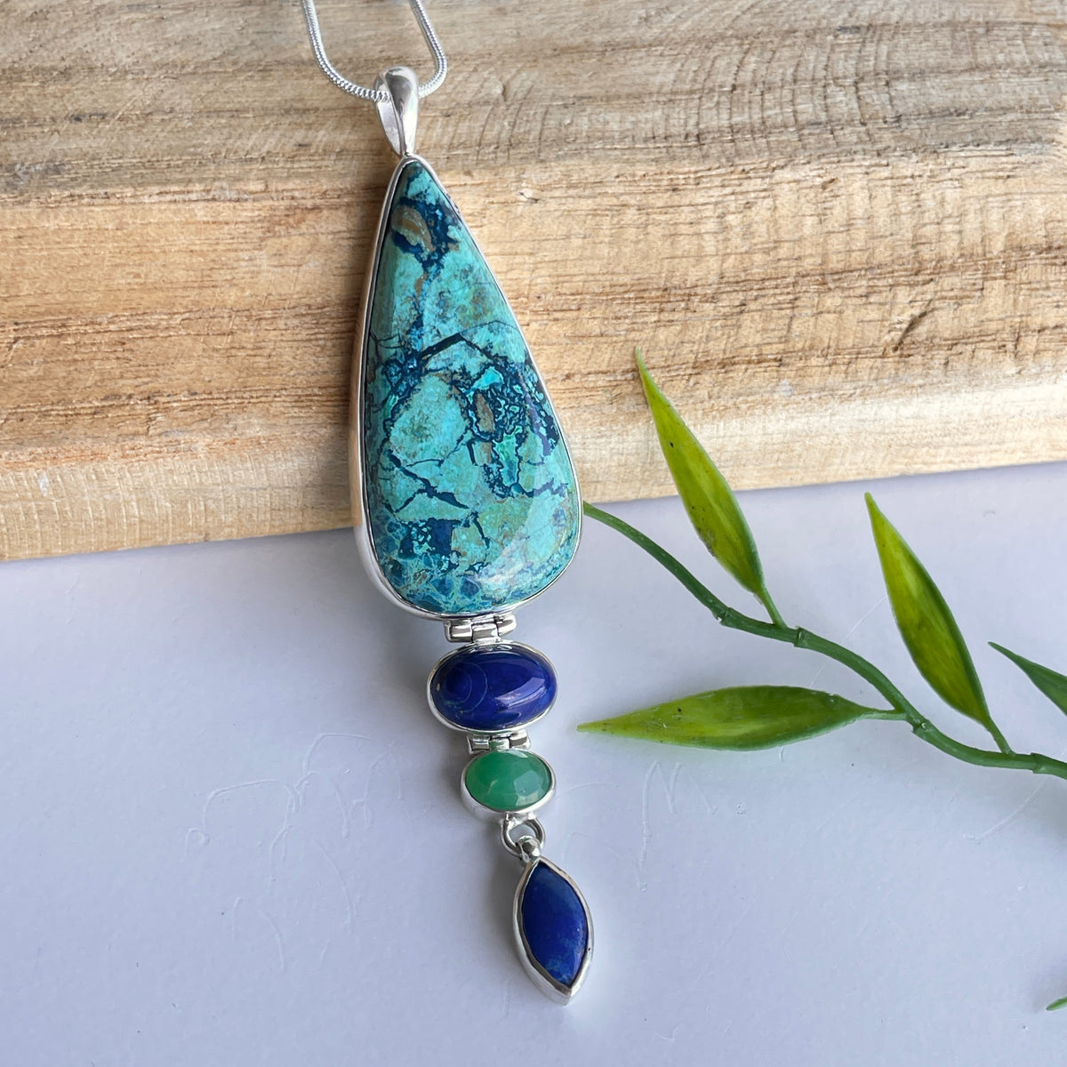 Shattuckite, Lapis Lazuli and Chrysoprase Pendant
