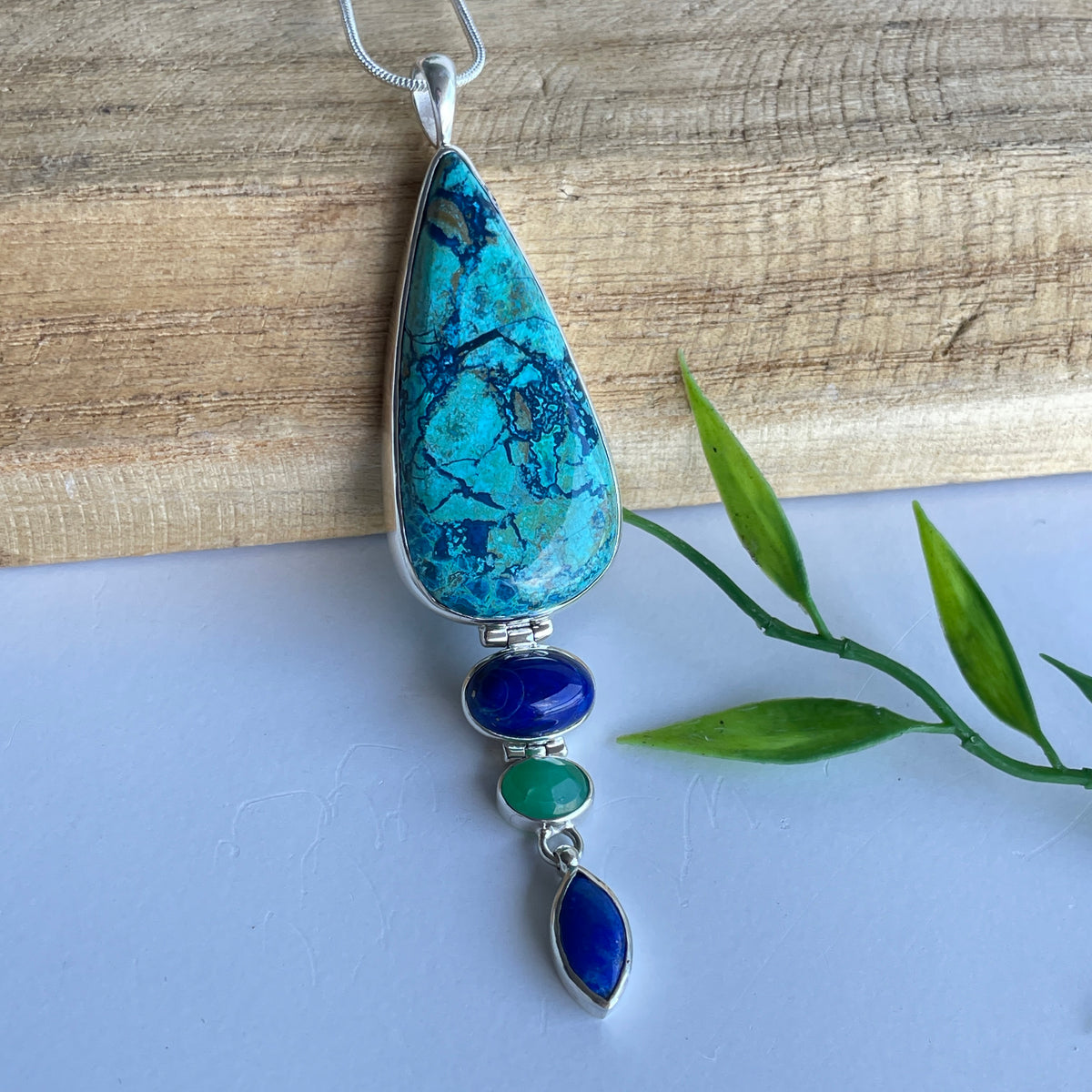 Shattuckite, Lapis Lazuli and Chrysoprase Pendant