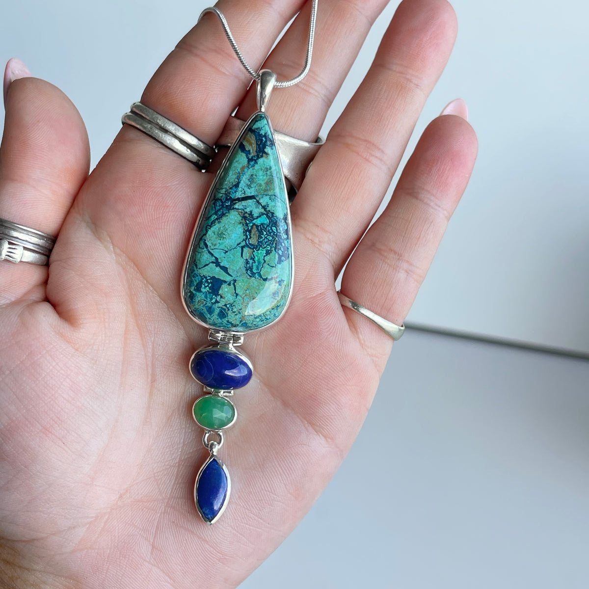 Shattuckite, Lapis Lazuli and Chrysoprase Pendant