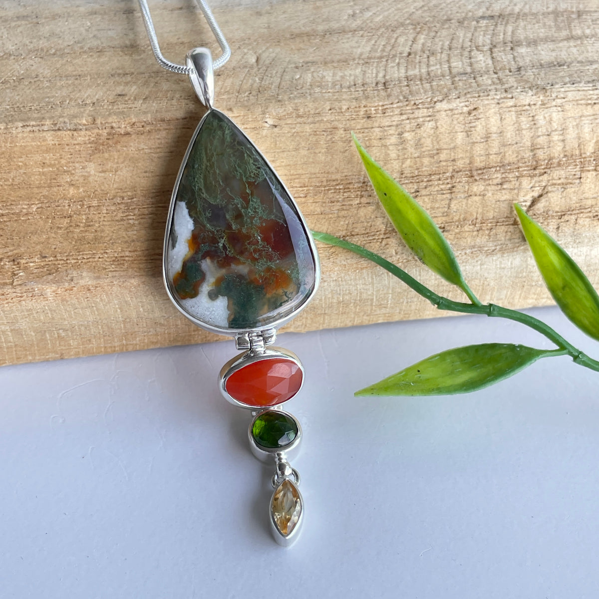 Moss Agate, Carnelian, Chrome Diopside and Citrine Pendant