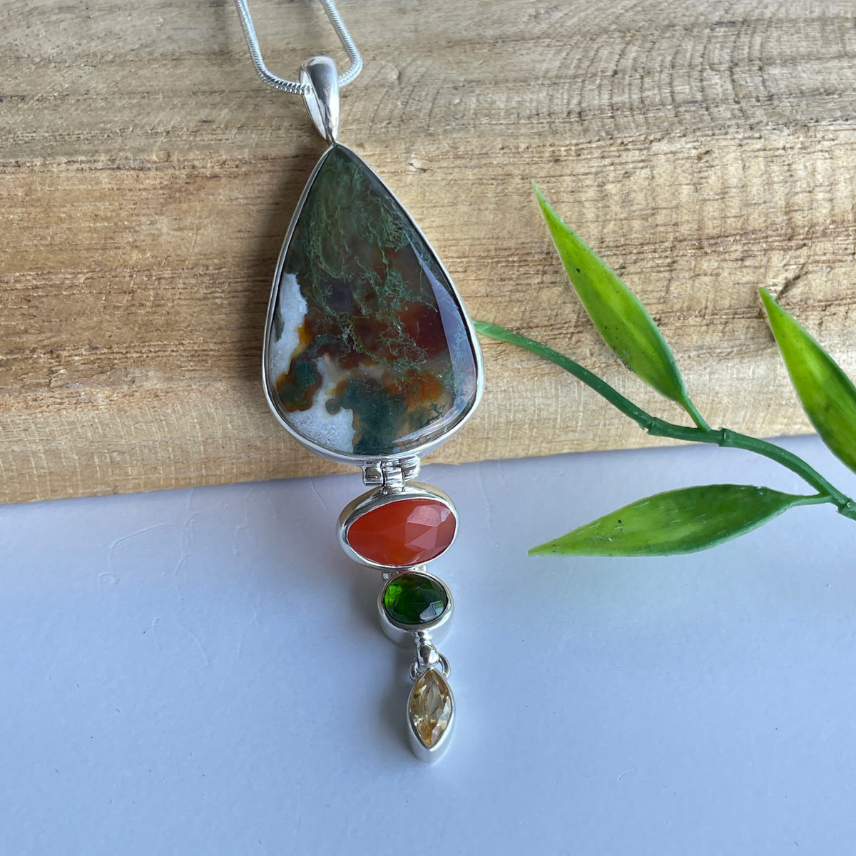 Moss Agate, Carnelian, Chrome Diopside and Citrine Pendant