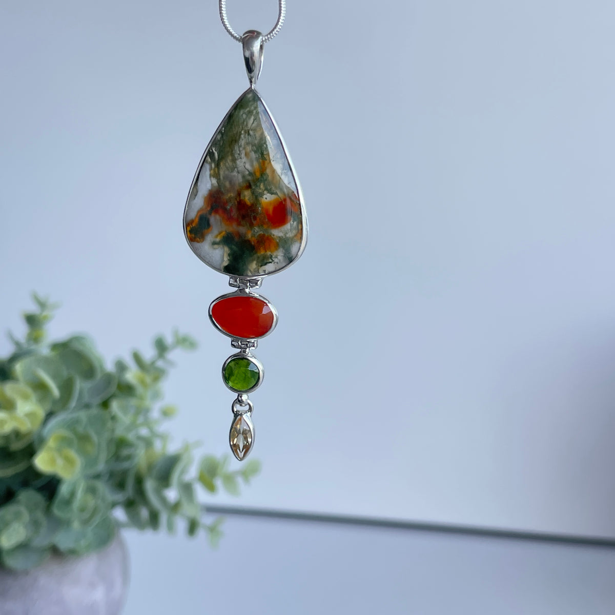 Moss Agate, Carnelian, Chrome Diopside and Citrine Pendant