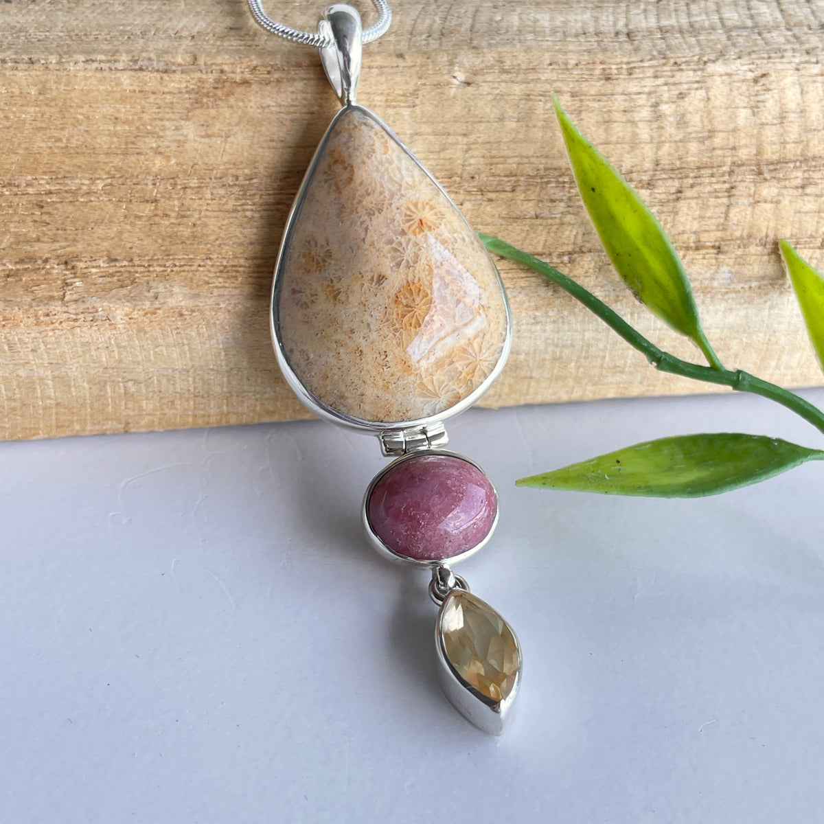 Fossilised Coral, Rhodonite and Citrine Pendant