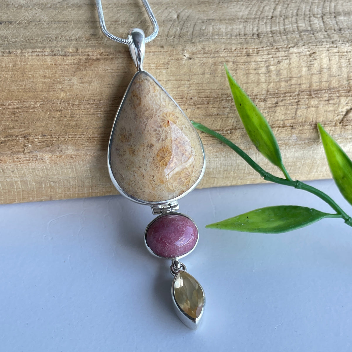 Fossilised Coral, Rhodonite and Citrine Pendant