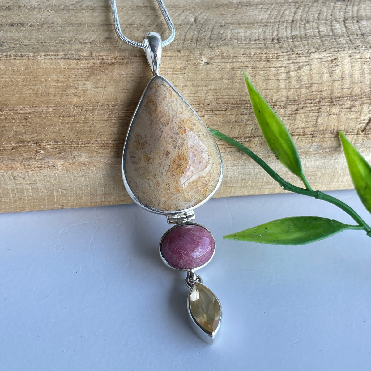 Fossilised Coral, Rhodonite and Citrine Pendant