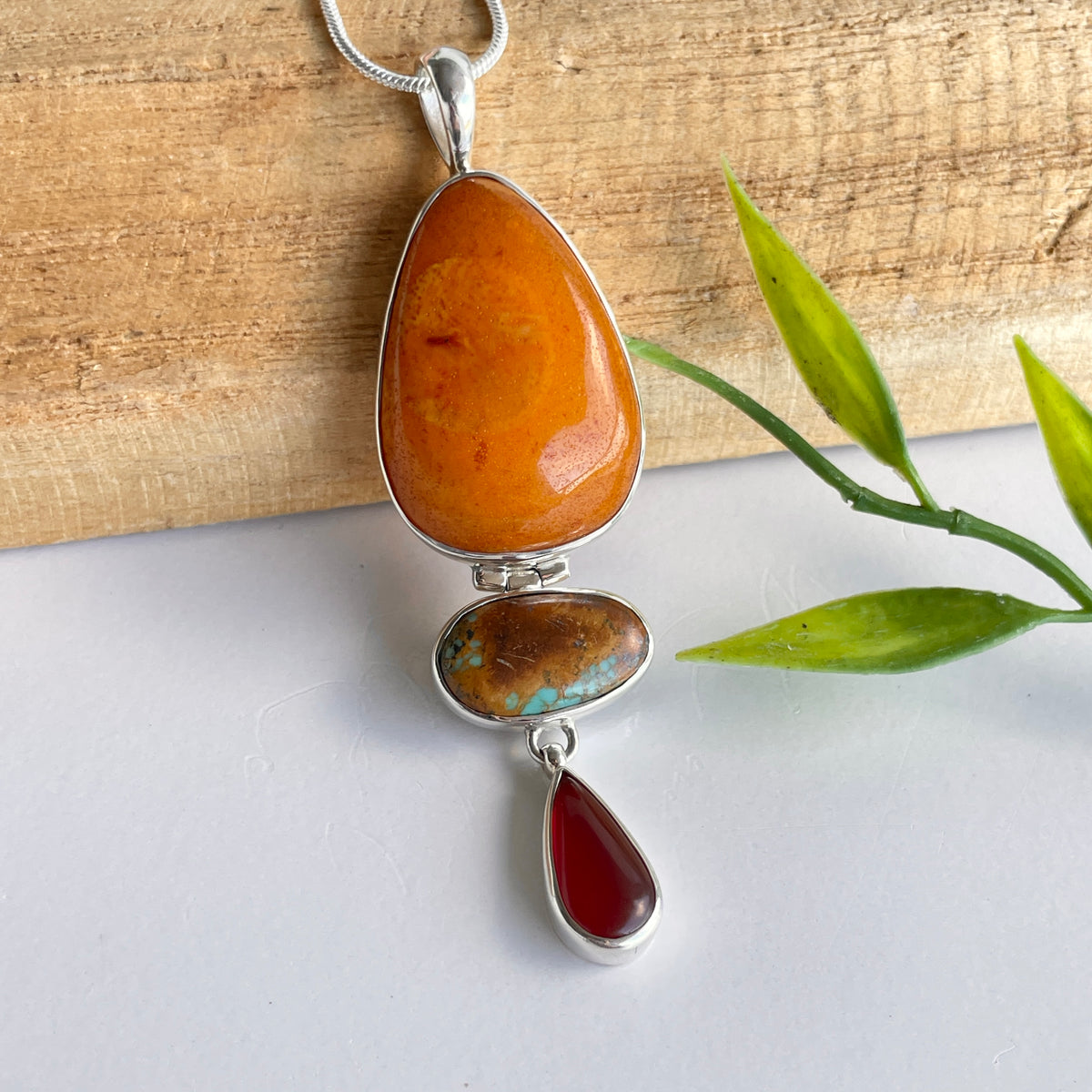 Amber, Turquoise and Carnelian Pendant