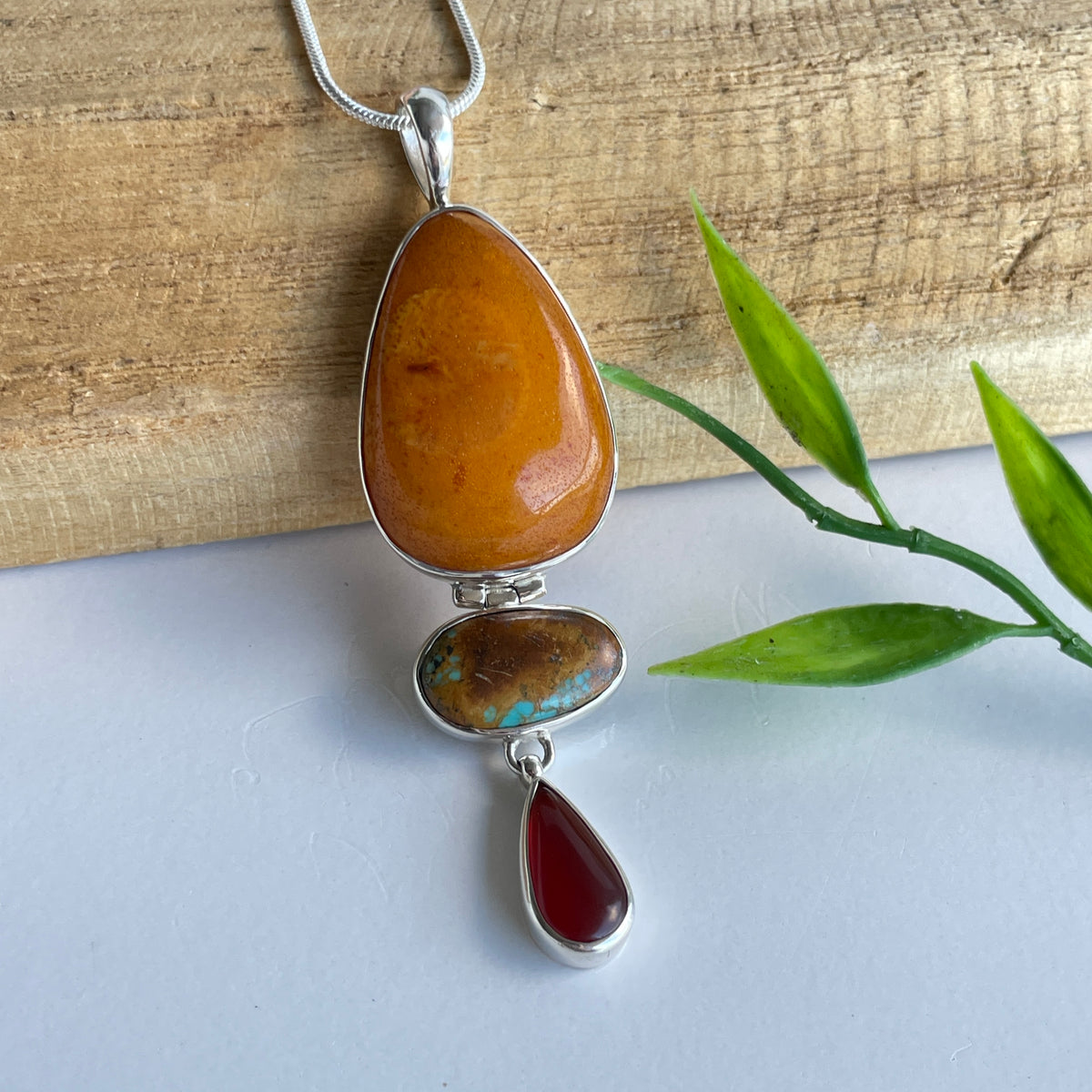 Amber, Turquoise and Carnelian Pendant