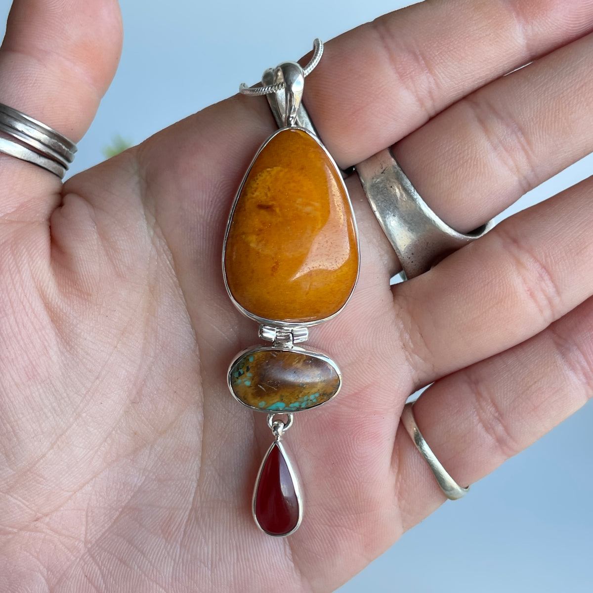 Amber, Turquoise and Carnelian Pendant