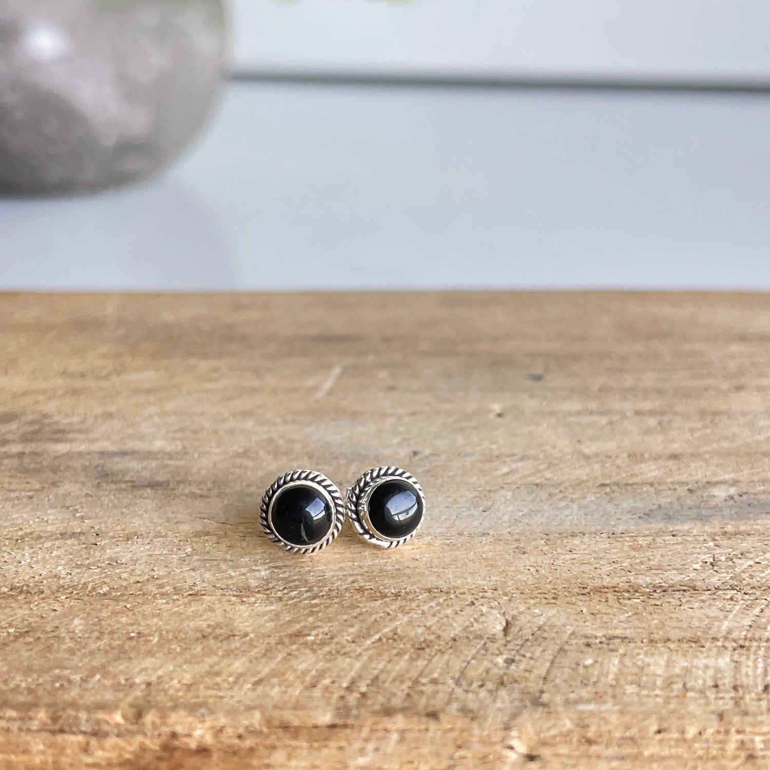 Black Onyx Round Stud Earrings
