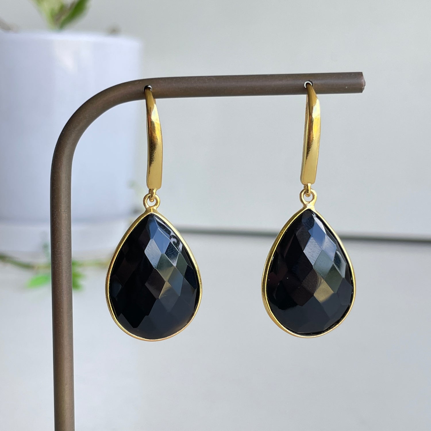 Gold Plated Black Onyx Teardrop Earrings