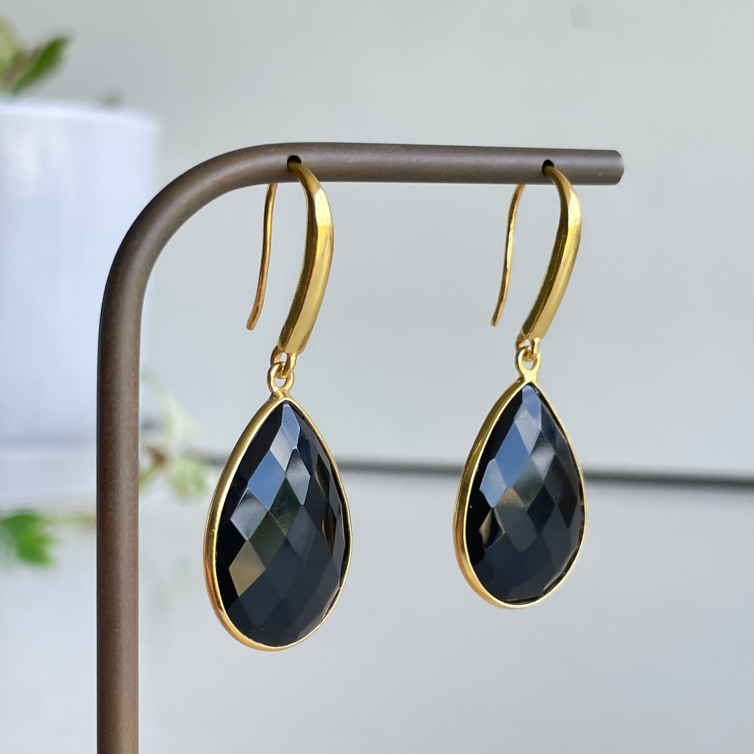 Gold Plated Black Onyx Teardrop Earrings