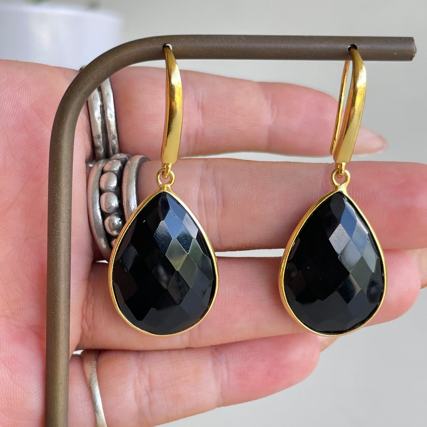 Gold Plated Black Onyx Teardrop Earrings