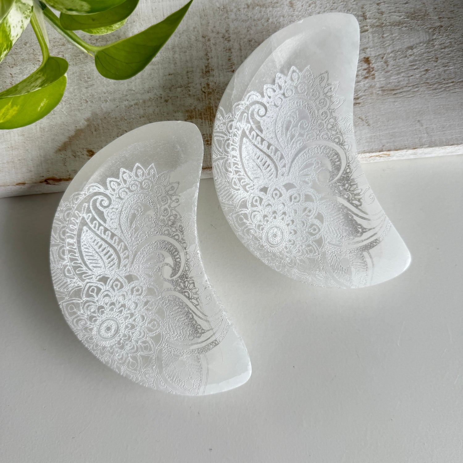 Selenite Crescent Moon Bowl With Mandala