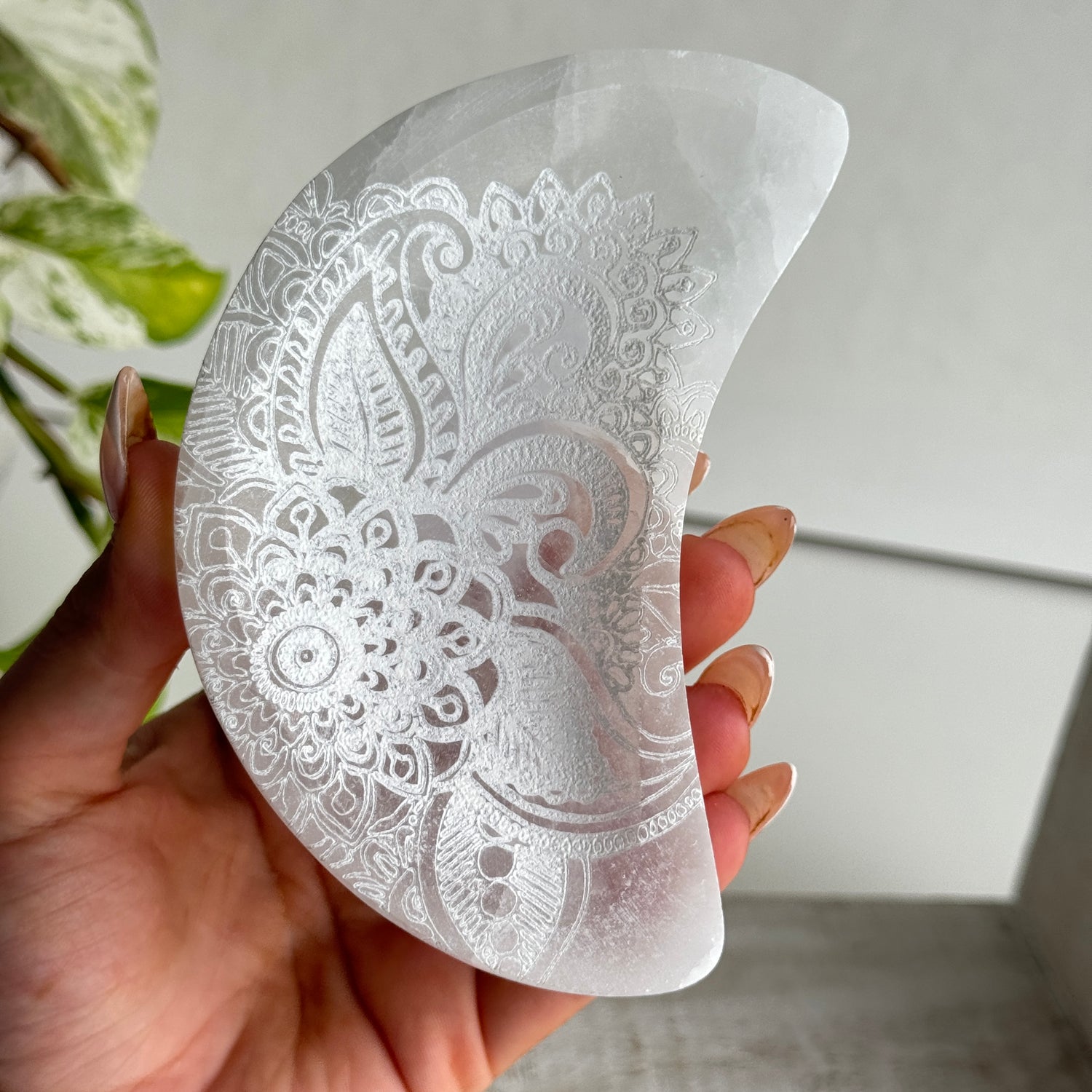 Selenite Crescent Moon Bowl With Mandala