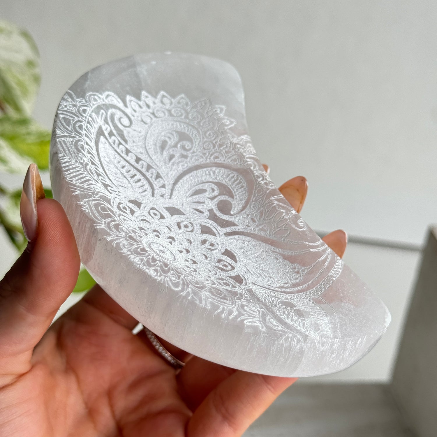 Selenite Crescent Moon Bowl With Mandala