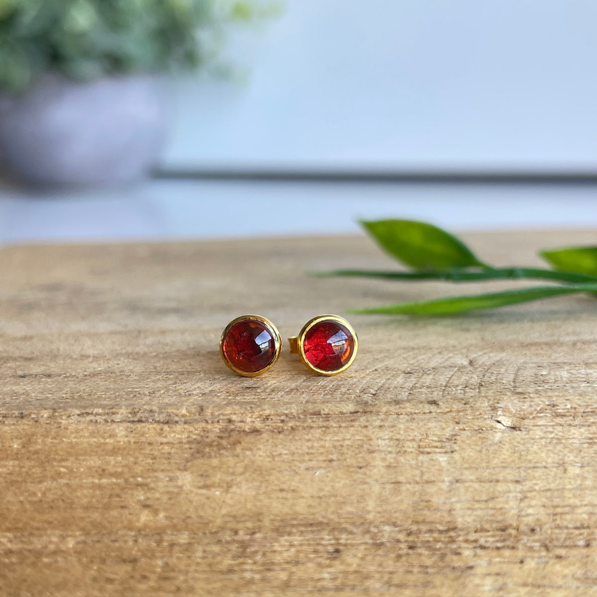 18K Gold Plated Garnet Stud Earrings